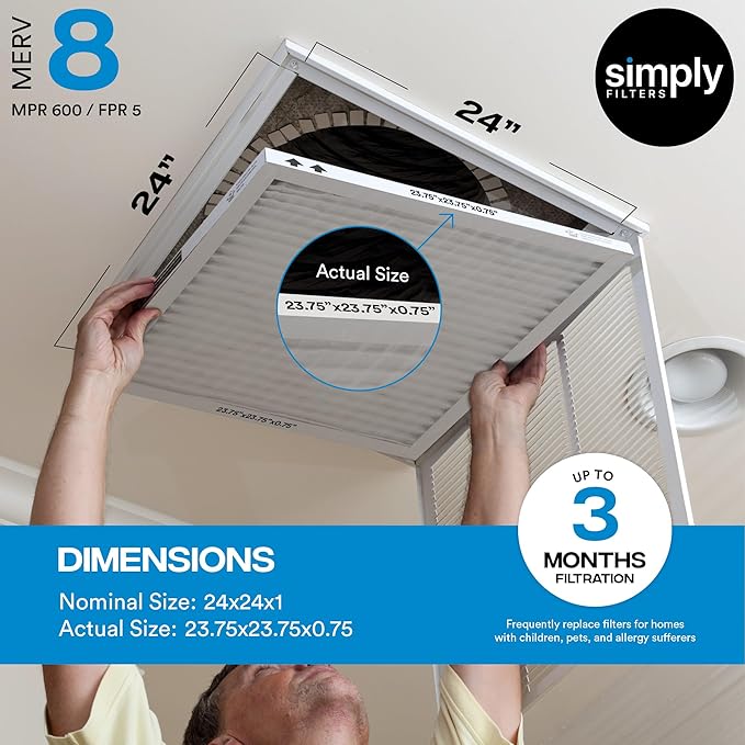 Simply 24x24x1 Air Filter, Merv 8, 6 Pack, For Home AC Furnace & HVAC (Actual Size: 23.75"x23.75"x0.75") DUST, Pet, & Allergy Control