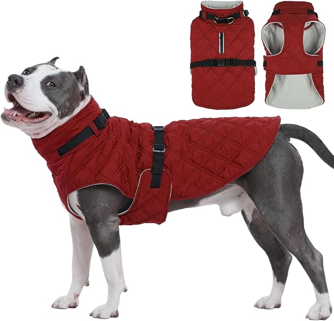 Kuoser Dog Coat Warm Fleece Lining Turtleneck Dog Jacket with Harness Built-in, Adjustable Windproof Cold Weather Coats with Quick Release Buckle Pet Winter Snowsuit for Extra Large Dogs, Red 2XL
