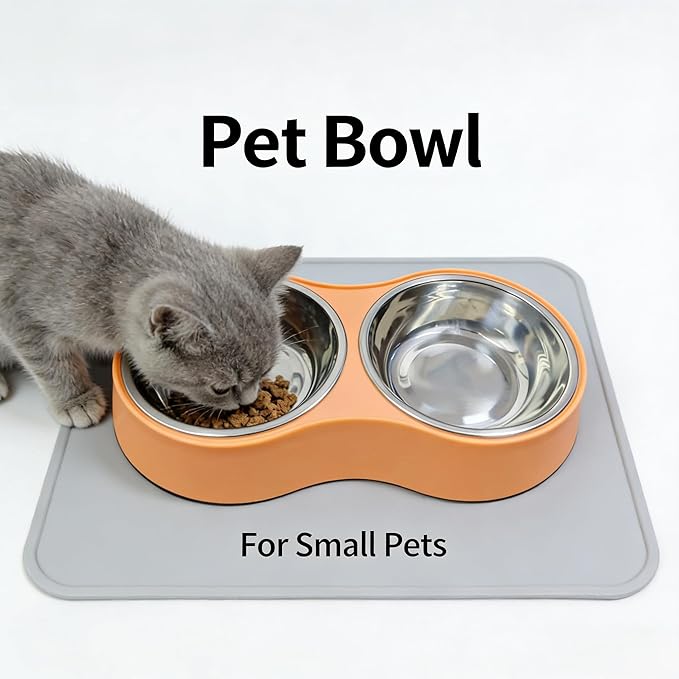 Small Orange Double Pet Bowl – Non-Slip Stainless Steel Food & Water Set for Cats, Kittens & Small Dogs, BPA-Free Mess-Free Feeding Dishes