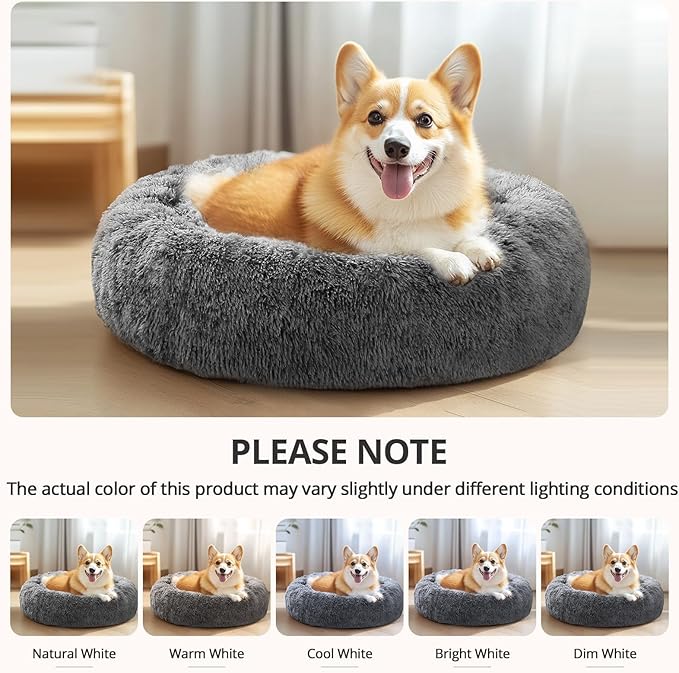 JOLLYVOGUE Small Dog & Cat Beds for Indoor Cats, Donut Cuddler Warming Soft Dog Beds with Anti-Slip Bottom, Round Calming Fluffy Plush Faux Fur Cushion Bed for Large Dogs (36", Smoke Black)
