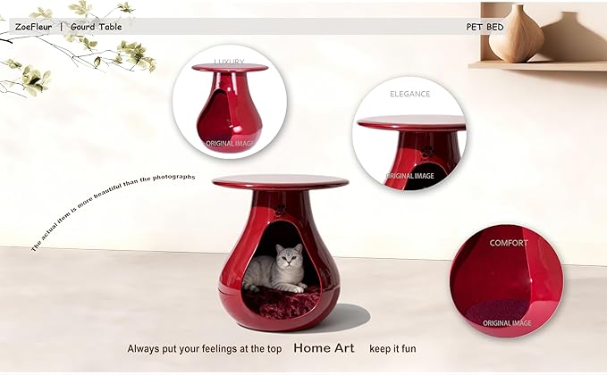 2-in-1 Gourd Table & Pet Bed - Pet-Friendly Rounded Edges，Modern Living Room Furniture with Eco-Resin Top（A-Red）