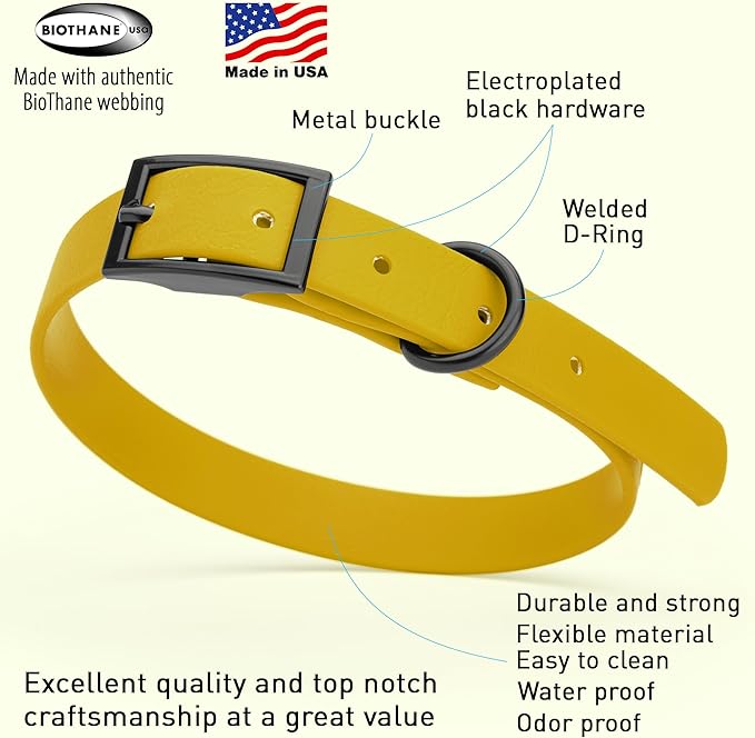 Dogline Biothane Coated Webbing Dog Collar with Black Metal Hardware: Durable Easy-Clean Everyday Collar for Dogs - Comfortable Adjustable Odor-Resistant Pet Collar, W5/8" x L12-15, Treasure Gold