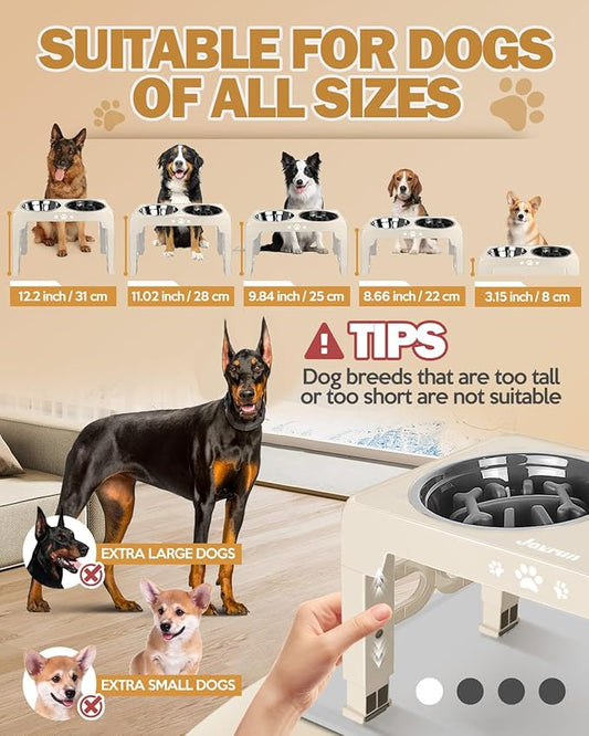 Elevated Dog Bowls, Dog Feeder with Stainless Steel Dishes & Slow Feeder Bowl, 5 Heights Adjustable Raised Stand for Medium Large, Food Dishes with Non-Slip Feet