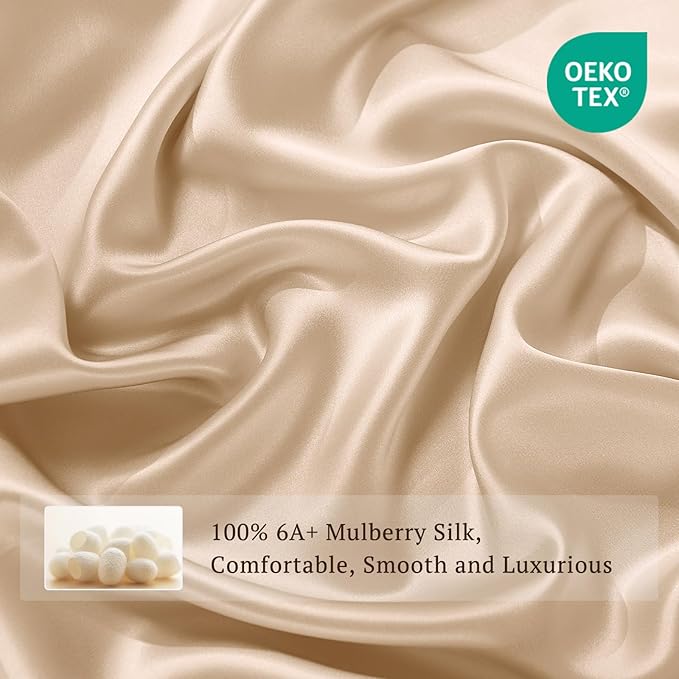 THXSILK Silk Sheet Set 4Pcs, 6A+ Top Grade 100% Natural Mulberry Silk Bed Sheets, Luxury Bedding Sets Ultra Soft Durable, 1 Fitted Sheet, 1 Flat Sheet and 2 Pillow Shams (Full, Champagne)