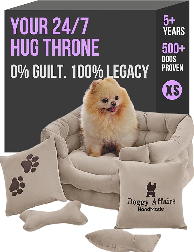 Luxury Dog Bed Chesterfield – Handcrafted Velvet Throne for Dogs | Joint Support, Calming & Temp-Regulating Comfort | Durable 5+ Years, Anti-Claw, Washable 100+ Times –Ivory, Size: XS