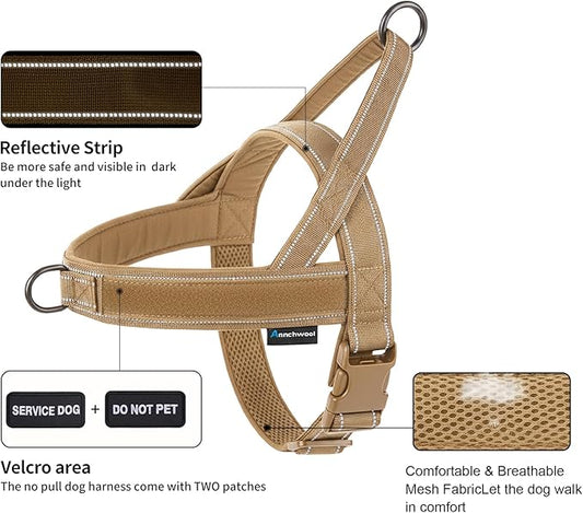 Annchwool No Pull Dog Harness,Collar & Leash Set|Reflective Dog Harness+Heavy Duty Dog Collar+Dog Leash with Double Handle & Car Seatbelt Clip|Easy for Walking Medium Large Size Dogs(Brown,S)