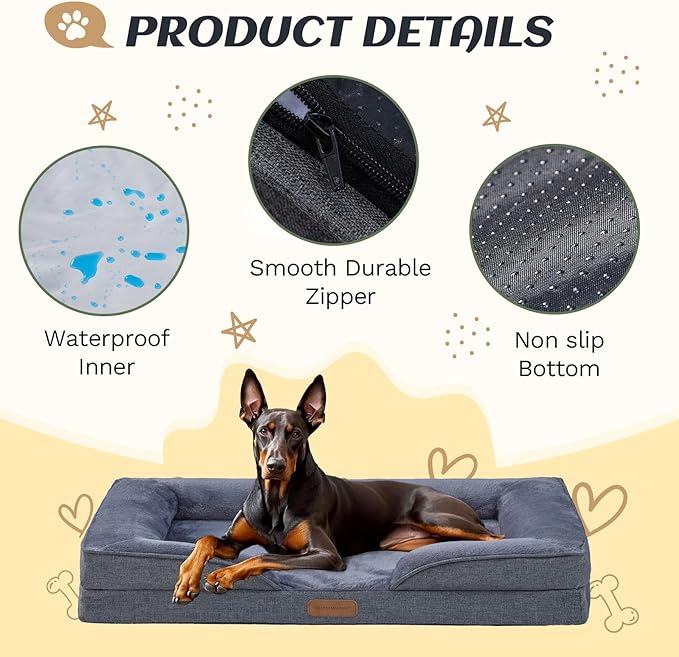 Extra Large Dog Bed Orthopedic with Bolster Sides Removable Egg-Crate Foam Waterproof Liner Pet Bed Sofa Couch with Removable Washable Cover Non-Slip Bottom, Dark Gray