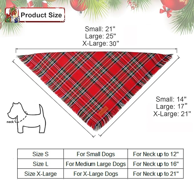 PTDECOR Christmas Dog Bandanas with Tassels Edges, Stylish Red White Plaid Scarf Bib, Premium Cotton Fabric, Reversible Triangle Xmas Bandanas for Medium Large Dogs Pets (Large)