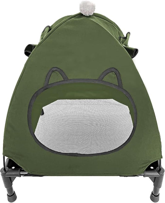 Pozico Elevated Pet Bed with Breathable Mesh for Small Cat and Dog, Raised Cooling Pet Cot for Puppy and Kitty, 18.9x18.9 inch (Olive Green Bed with Canopy)