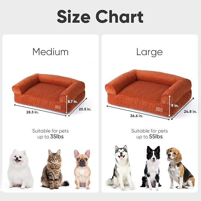 FUKUMARU Cute Dog Bed, Waterproof Corduroy Dogs Couch, 36in Orthopedic Pet Sofa for Medium to Large Dogs Dog, Warm Cotton Pet Bed with Washable Cover, Large, Orange