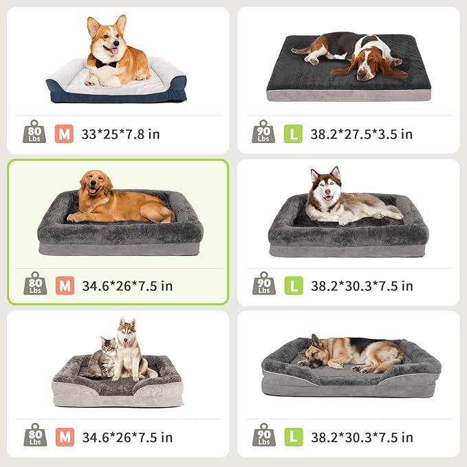 Dog Beds Waterproof Medium/Large Sized XL Foam Pet Beds Removable Washable Cover Dog Sofa Egg Crate Foam Support with Zipper Bottom Bolster Deluxe Plush Mat (Grey+34.6x26x7.5in)