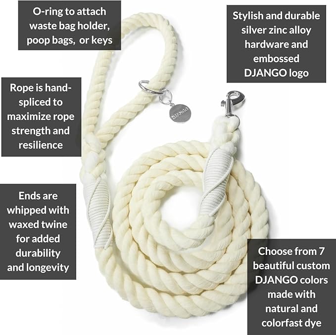 DJANGO Cotton Rope Dog Leash 5ft – Handcrafted Dog Leash and Cream Braided Leash for Small, Medium, and Large Dogs – Durable 5 Foot Training Lead for Puppies and Adult Dogs – Silver Hardware – Ivory