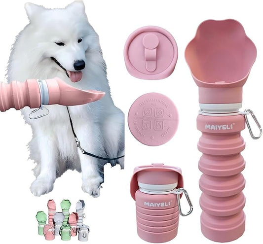 Collapsible Dog Water Bottle, Portable Pet Travel Water Dispenser with Foldable Silicone Bowl, BPA Free Food Grade, 8oz-19oz Leak-Proof Dog Drinking Bottle for Walking, Hiking, Camping (Pink)