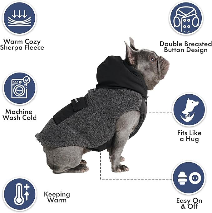 Spark Paws Reversible Fleece Dog Jacket, Hooded Sweater Vest, Warm Coat for Winter - Suitable for Small Medium Large XL XXL Dogs - Black and Grey - 2XL
