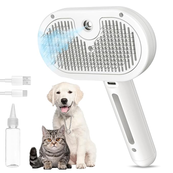 3-in-1 Anti-Static Pet Steam Brush for Dogs & Cats - Steam Clean, Calming Massage & Self-Cleaning Hair Ejection, Quick Heat-Up, USB-C Rechargeable, Low-Noise Deshedding & Dematting - White