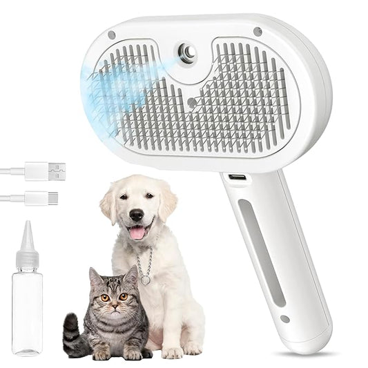 3-in-1 Anti-Static Pet Steam Brush for Dogs & Cats - Steam Clean, Calming Massage & Self-Cleaning Hair Ejection, Quick Heat-Up, USB-C Rechargeable, Low-Noise Deshedding & Dematting - White