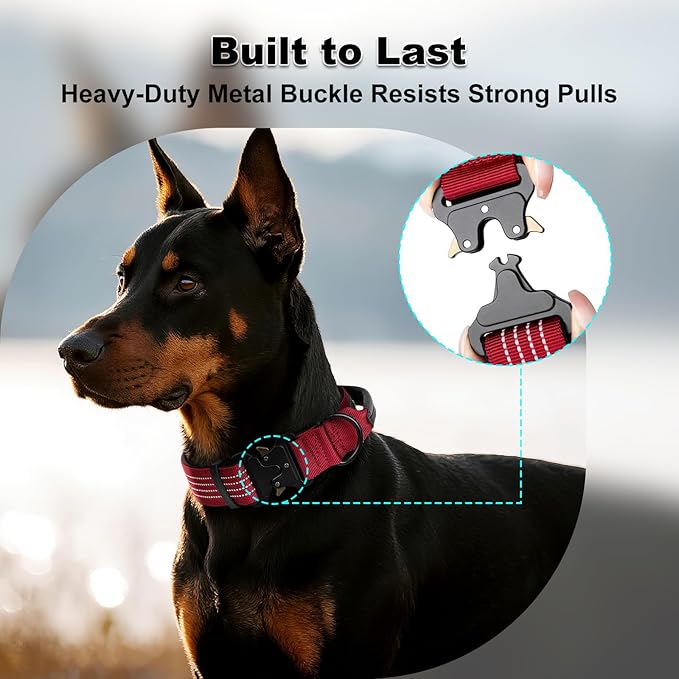 Plutus Pet Tactical Dog Collar with Tracker Pocket for AirTag, Adjustable Reflective Nylon Collar, Metal Buckle, Leather-Wrapped Handle, Soft Padded for Medium Large Dogs (Burgundy Red, S)