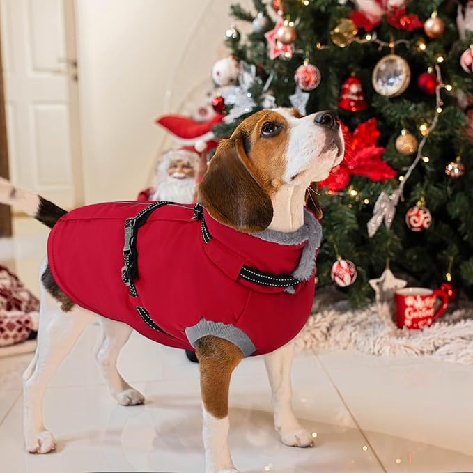 AOFITEE Dog Coat, Warm Dog Winter Jacket with Harness Built in, Waterproof Pet Snow Coat with Zipper on Back, Fleece Pet Sweater Puffer Jacket Snowsuit for Extra Large Dogs, Christmas Red XXXL