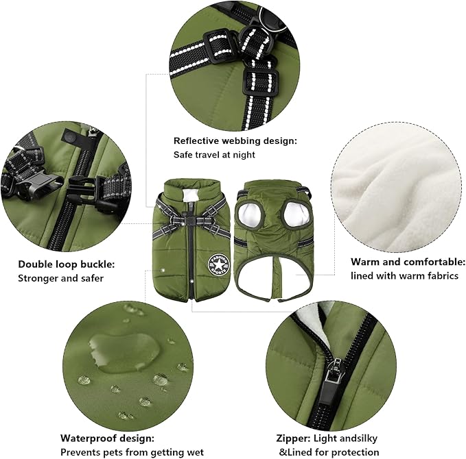 Aiboria Dog Jackets for Winter Windproof Waterproof 2 in 1 Outfit Cold Weather Coat Dog Vest Harness Puppy Winter Warm Jacket Small Green S