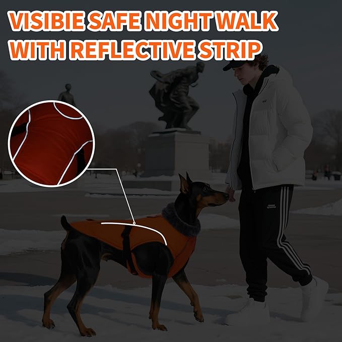 DENTRUN Winter Warm Dog Coat Reflective Jacket with Turtleneck for Cold Weather, Adjustable Buckle Windproof Water Repellent, Thick Snowsuit Fleece Vest for Small, Medium, Large Dogs, Orange, S