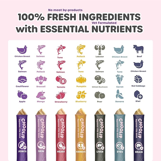 Choolip Squeeze Vita Stick Lickable Cat Treats & Dog Puree – 7-Count Variety Pack, Creamy Grain-Free Puree Treats with Multivitamins, Vet-Formulated for All Life Stages & Total Wellness