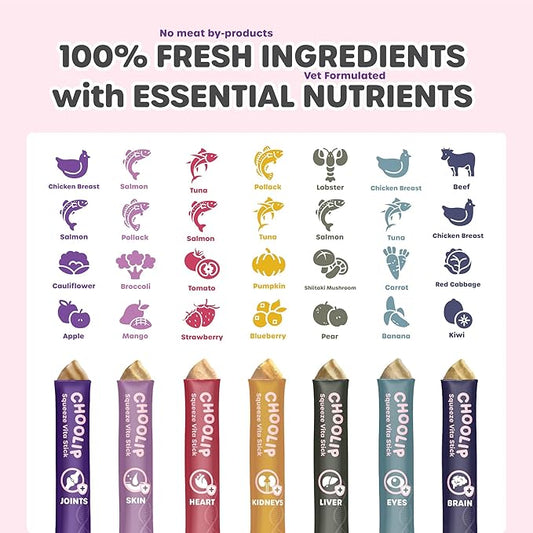 Choolip Squeeze Vita Stick Lickable Cat and Dog Treats – 49-Count Variety Pack with Multivitamins, Soft Squeezable Paste for All Life Stages, Supporting Overall Health - Box with 7 Pouches