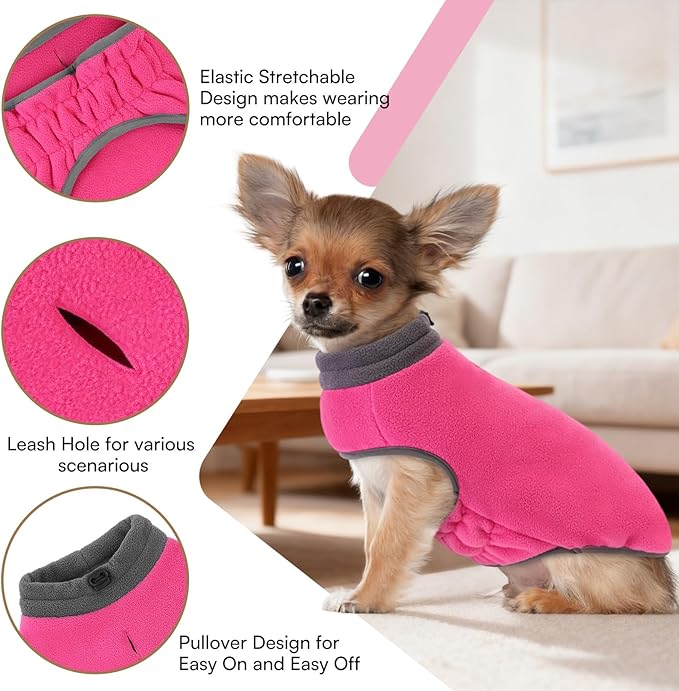 Queenmore Dog Sweater, Soft Fleece Vest Dog Jacket with Elastic Stretchable, Warm Turtleneck Pullover Design for Boy Girl Pet, Dachshund,Doggie, Cat, Kitten Chihuahua Bulldog Pug Beagles (Pink, XL)