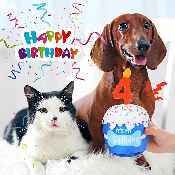 Dog Birthday Cake Toy Accessories for Girl Boy Gifts, Squeaky Plush Toy for Dog Birthday Party Decor Favor for Large, Medium and Small Dogs(4th,Blue)