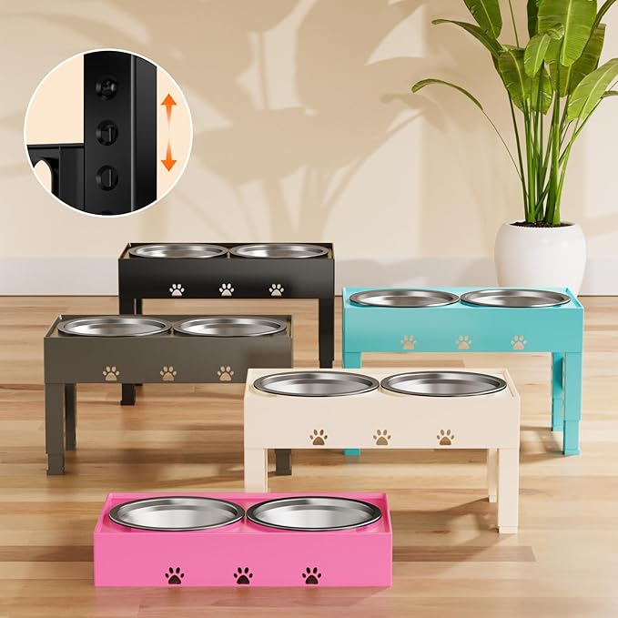 Elevated Dog Bowls with 2 Stainless Steel Bowls, Raised Dog Food Bowl Stand 5 Height Adjustable (3.1", 9", 10", 11", 12") Non-Slip Feeder Set for Medium and Large Dogs - Pink