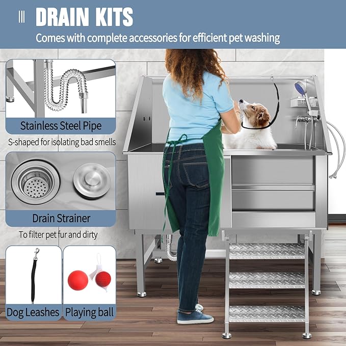 Stainless Steel Dog Washing Station For Large Dogs, Dog Grooming Tub For Home, Professional Dog Bathtub Bathing Station, Pet Wash Station, Dog Shower Tub With Stairs, Drain & Door