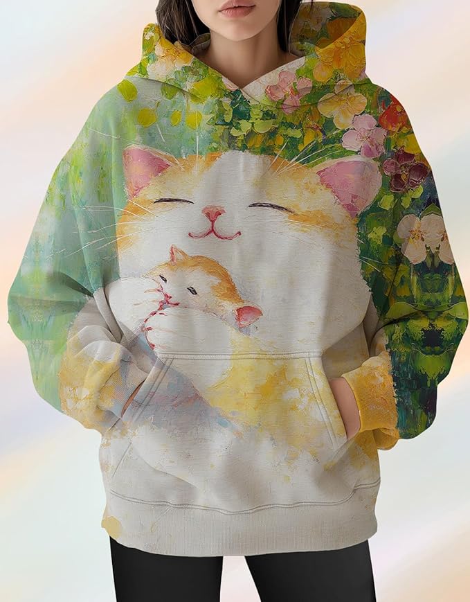 Womens Cat Print Hoodies Trendy Funny Cat Graphic Long Sleeve Sweatshirt Y2k Streetwear Hooded Pullover Tops