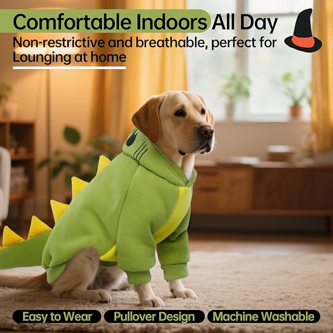QBLEEV Dog Dinosaur Winter Coat, Warm Soft Knit Pullover Jacket with Hood for Cold Weather, Cozy Fleece-Lined Sweatshirt with 3D Dino Spikes, Stretchy Cute Pet Outerwear for Small Medium Large Dogs