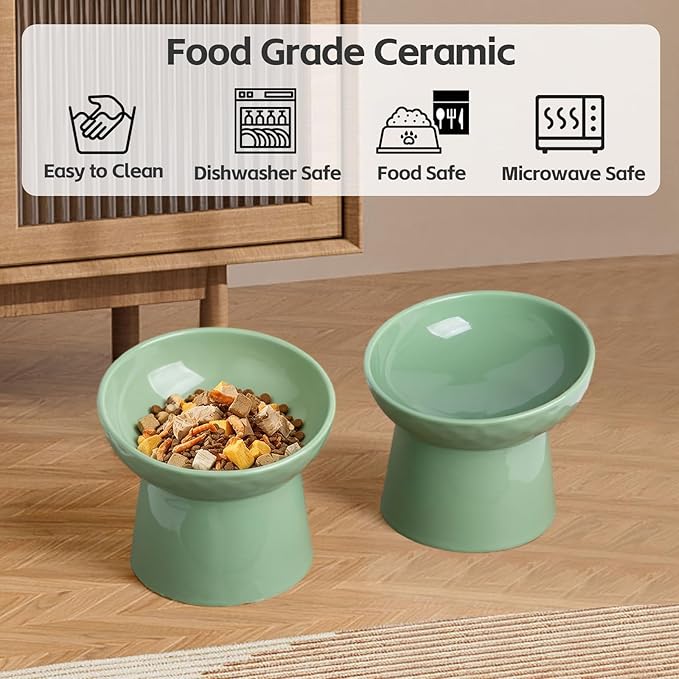 YauYik Raised Cat Bowl, Elevated Cat Food Bowls with Tilted Angle, Stress Free, Anti Vomiting, Ceramic Water Bowl for Cats Small Dogs Feeding Dish, 8 Ounces (Green-2)