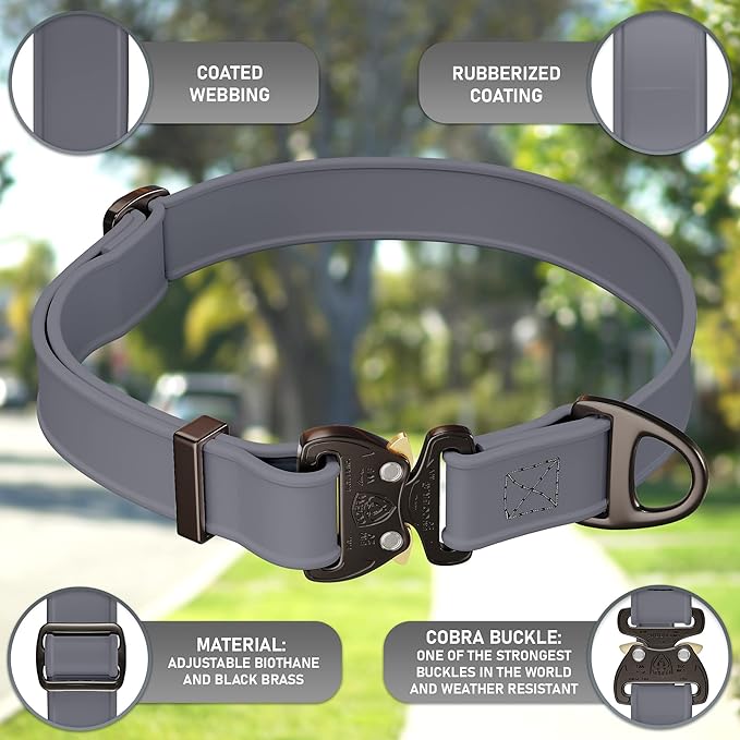 Biothane Dog Collar with Cobra Buckle - Made in USA - QR Code Dog Tag ID Included - Adjustable Heavy Duty Dog Collars for Medium Large Dogs - Waterproof Military Grade Tactical Collar