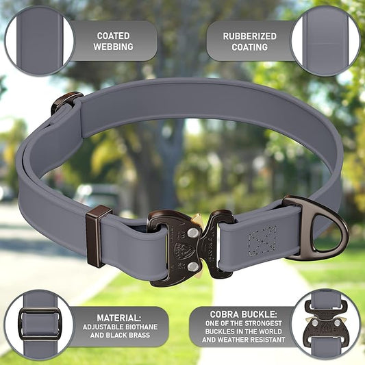 Biothane Dog Collar with Cobra Buckle - Made in USA - QR Code Dog Tag ID Included - Adjustable Heavy Duty Dog Collars for Medium Large Dogs - Waterproof Military Grade Tactical Collar