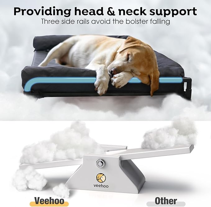 Veehoo Elevated Raised Dog Bed-Cooling Outdoor Dog Cot Bed for Large Sized Dogs Three-Sided Fence Raised Pet Cot with Mesh & No-Slip Feet Dog Hammock Bed with Removable Bolster-35 x 22" Black