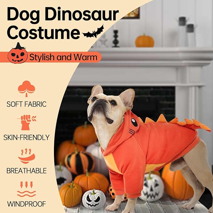 QBLEEV Dog Dinosaur Winter Coat, Warm Soft Knit Pullover Jacket with Hood for Cold Weather, Cozy Fleece-Lined Sweatshirt with 3D Dino Spikes, Stretchy Cute Pet Outerwear for Small Medium Large Dogs