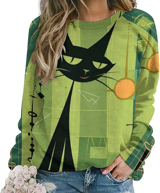 Biacolum Long Sleeve Shirts for Women Mid Century Retro Style Atomic Cat 3D Graphic Sweatshirts Fall Crewneck Pullover Top