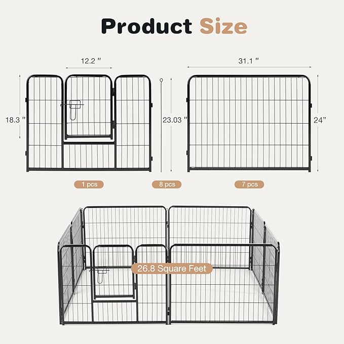 Smug Heavy-Duty Iron Dog Playpen – 8 Panel 24” Durable, Rust-Resistant Pet Fence for Indoor & Outdoor Use, Secure & Spacious Pet Play Area for Dogs, Puppies & Small Animals