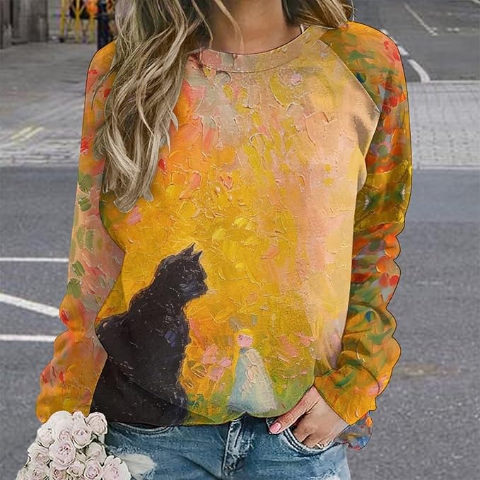Womens novelty funny cat printed crewneck sweatshirt casual loose long sleeve graphic pullover sweatshirts tops