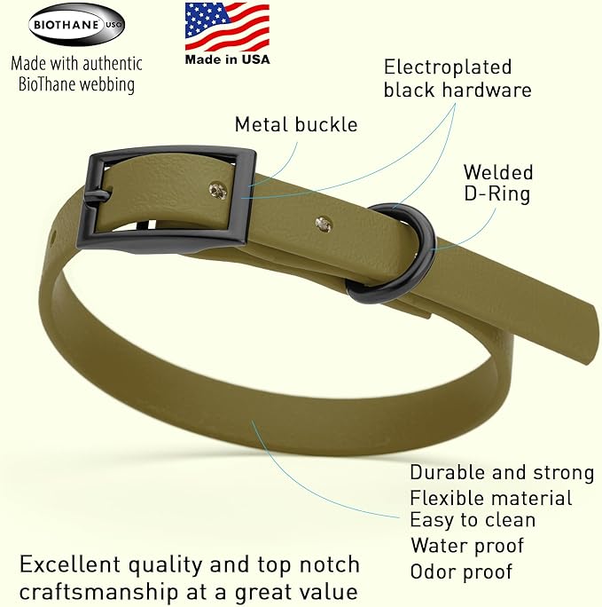 Dogline Biothane Coated Webbing Dog Collar with Black Metal Hardware: Durable Easy-Clean Everyday Collar for Dogs - Comfortable Adjustable Odor-Resistant Pet Collar, W1/2" x L9-12, Olive Drab Green