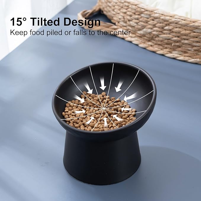 YauYik Raised Cat Bowl Black, Elevated Cat Food Bowls with Tilted Angle, Stress Free, Anti Vomiting, Ceramic Water Bowl for Cats Small Dogs Feeding Dish, 8 Ounces
