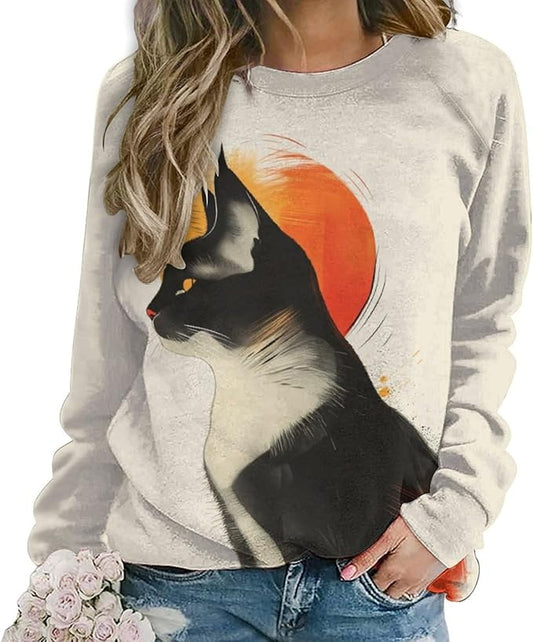 Biacolum Long Sleeve Shirts for Women Mid Century Retro Style Atomic Cat 3D Graphic Sweatshirts Fall Crewneck Pullover Top