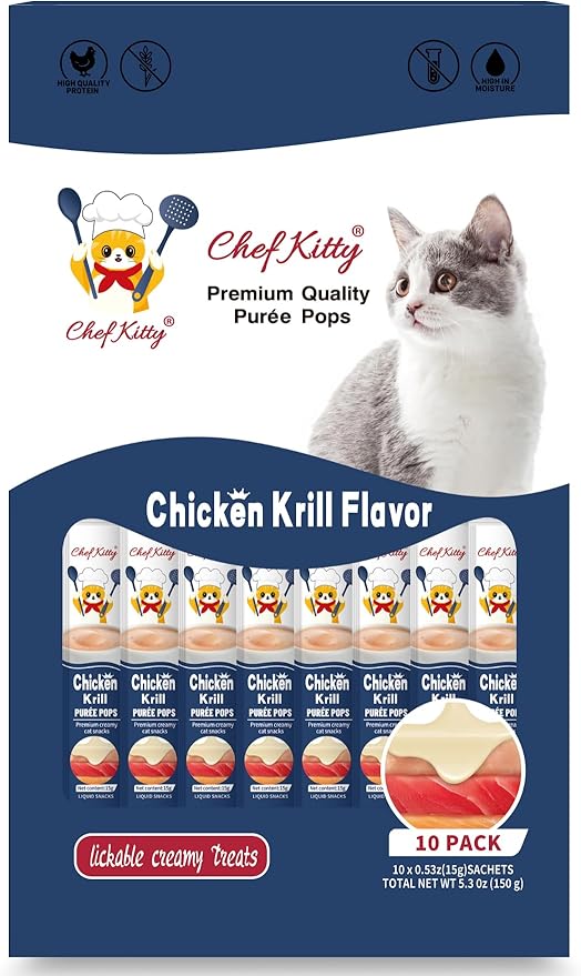 Chef Kitty Purée Pops, Cat Treats, Grain-Free, Lickable, Squeezable Creamy Cat Treat/Topper with Vitamin E & Taurine, 0.5 Ounces Each Tube, 10 Tubes, Chicken with Krill Recipe