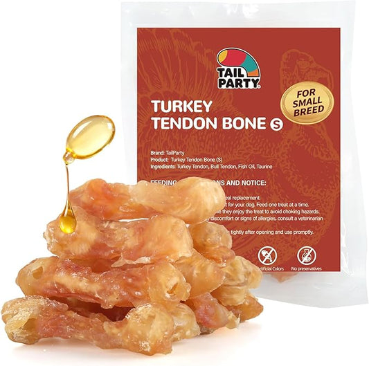 TailParty Turkey Tendons for Dogs with Fish Oil & Taurine: 8oz Small Dog Healthy Treats, All Natural Dental Chew Bones, Long-Lasting Training-Reward Snacks for Health-Conscious Pet Owners(S)