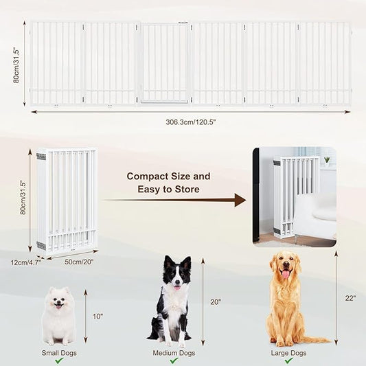 Metal Freestanding Dog Gate with Door, Extra Wide 121", 31" Height Foldable for Doorways, Tall Fence Indoor Outdoor Pet Barrier for Stairs Hallways, 6 Panels, White