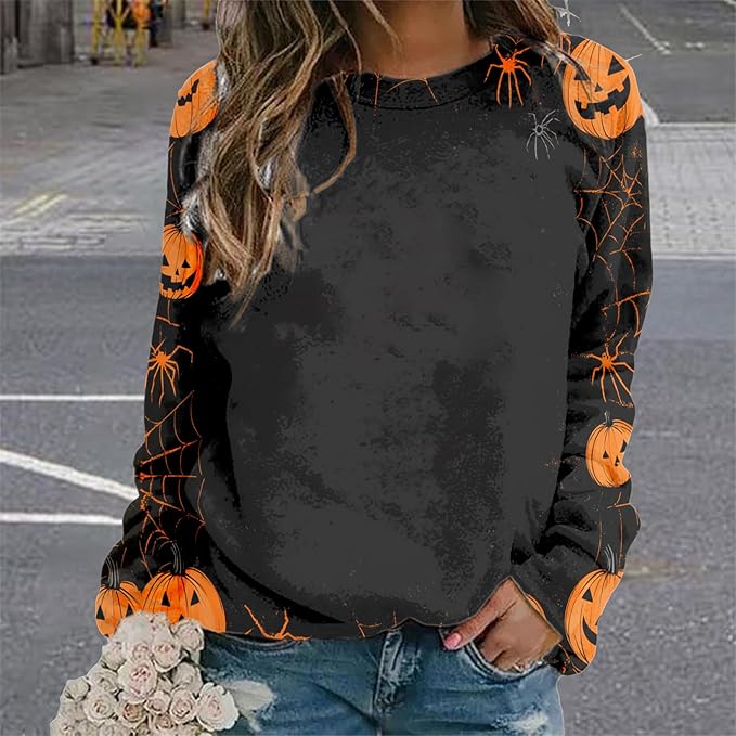 MARSVOVO Fall Sweatshirt for Women Novelty Spider Web Shirt Dressy Casual Crewneck Tunic Tops Spring Graphic Pullover