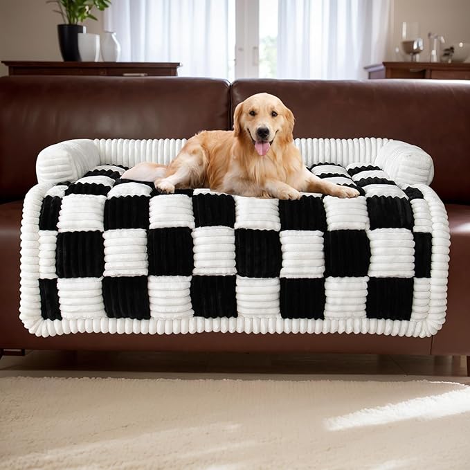 LiveGo Fuzzy Pet Couch Covers for Sofa, Dog Couch Cover Fuzzy Sofa Cover Cream Square Plaid Dog Bed Plush Dog Mat for Furniture Protector for Large Medium Dogs and Cats (Black, 35.4"*35.4")