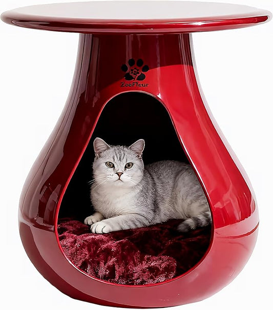 2-in-1 Gourd Table & Pet Bed - Pet-Friendly Rounded Edges，Modern Living Room Furniture with Eco-Resin Top（A-Red）