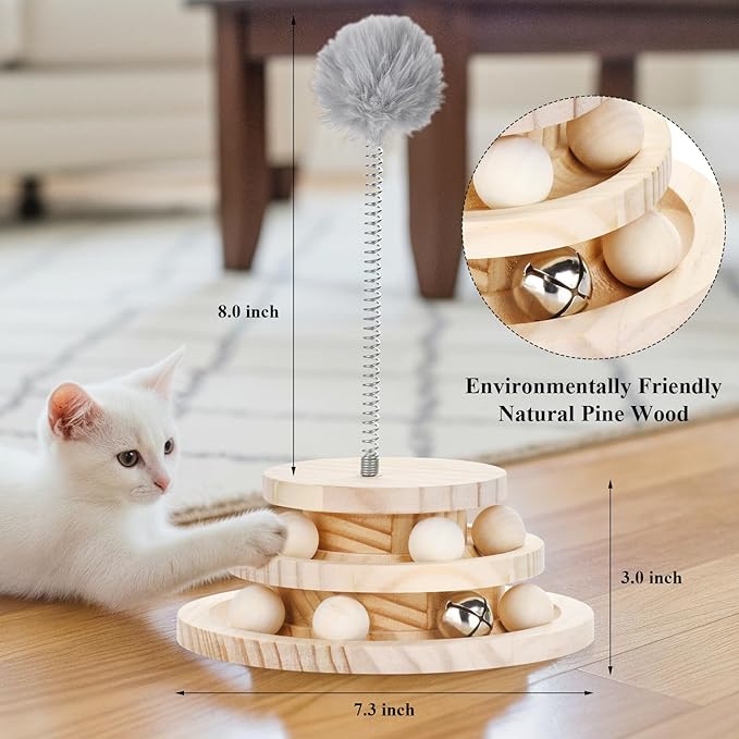 SMICEM 2-Tier Wooden Cat Ball Track Toy - Non-Toxic Cat Turntable with Removable Balls, Interactive DIY Circle Toy for Kittens & Cats Mental/Physical Exercise, Safe Natural Wood Kitty Roller